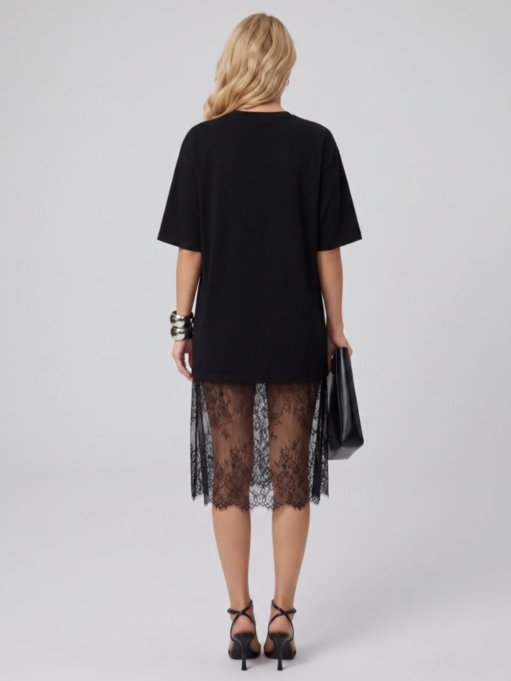 Women's Black Oversized T-Shirt Midi Dress Sheer Lace Scalloped Hem Casual - Picture 2 of 4